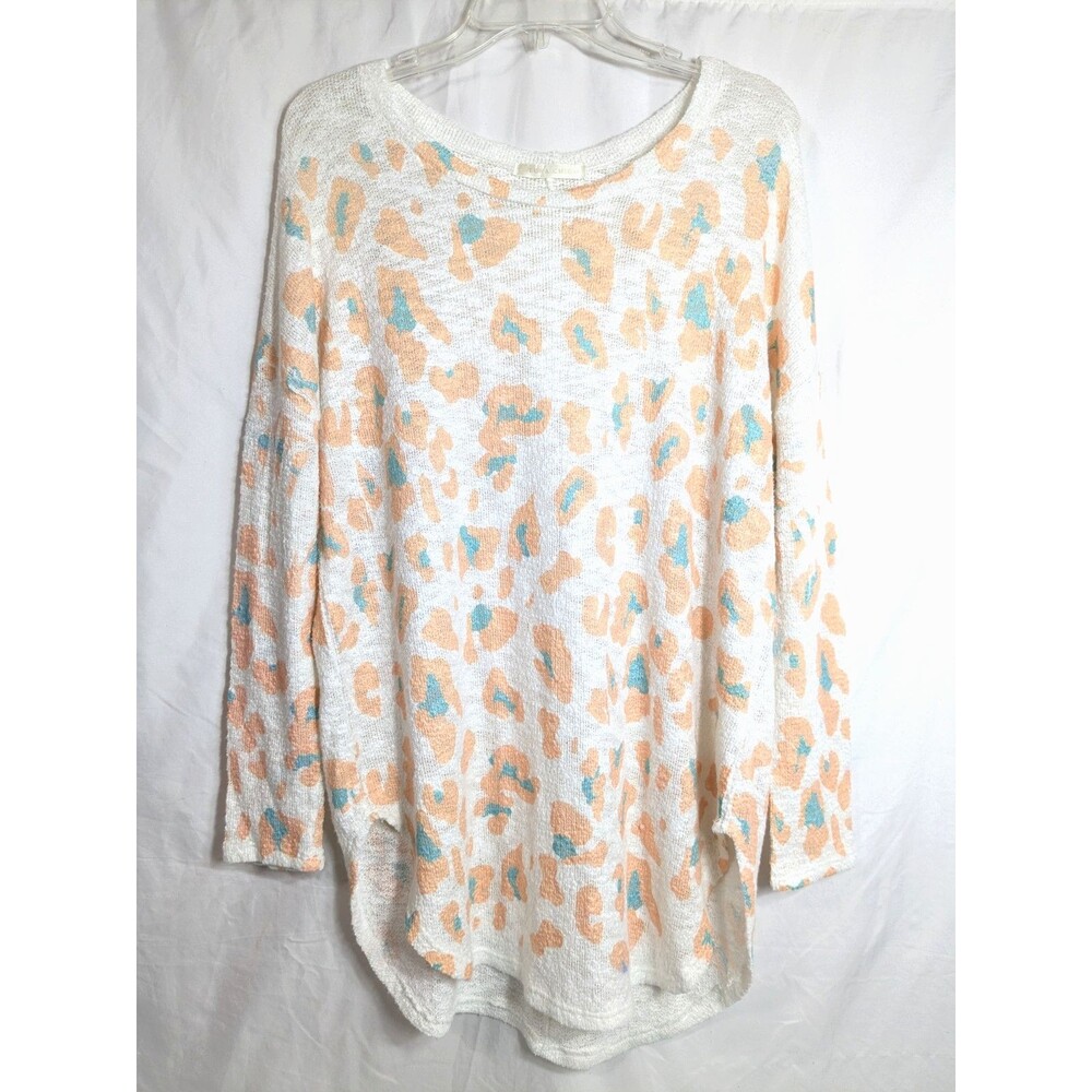 Luna Chic Sweater Coral Turquoise Blue Animal Print Size Large Open Knit